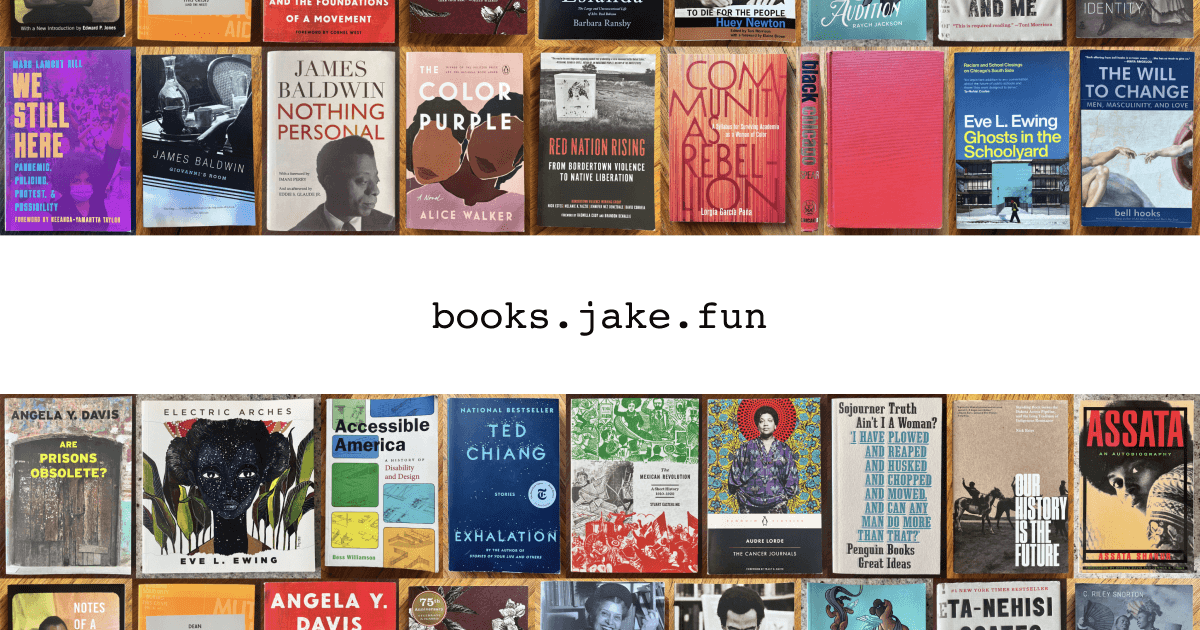 Rows of book covers along the top and bottom. in the middle white space is, “books.jake.fun”